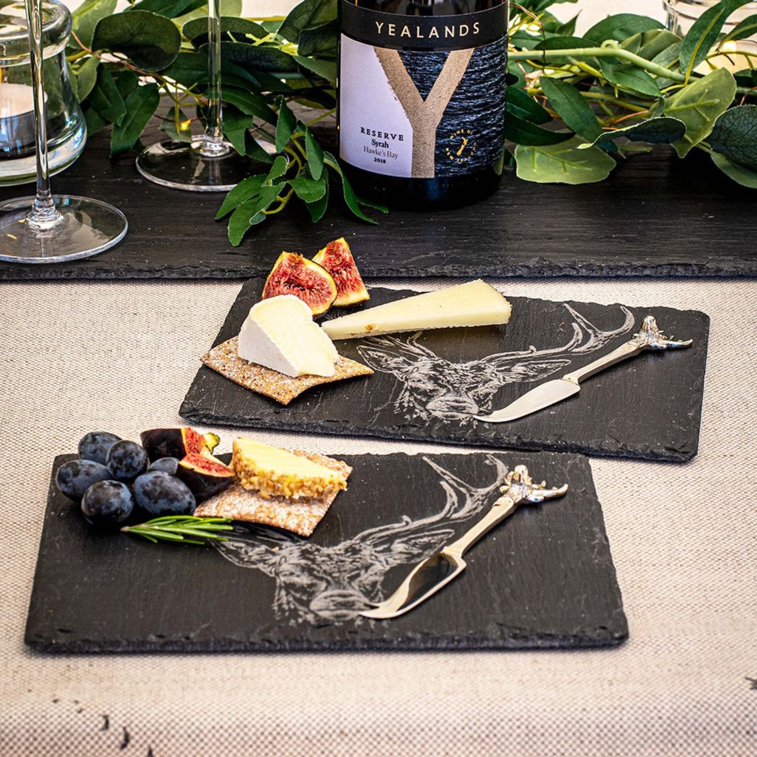 Selbrae House Stag Prince 2 Small Slate Cheese Board &amp; Knife Sets
