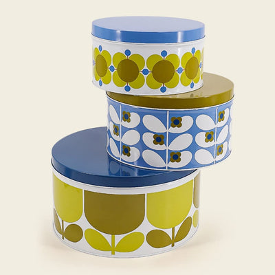 Orla Kiely Set of 3 Nesting Cake Tins Retro Flower Designs Dandelion / Sky