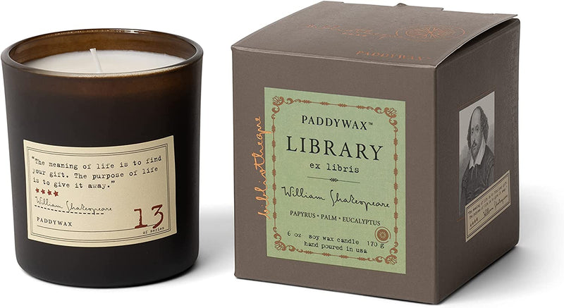 Paddywax Library Collection William Shakespeare Soy Wax Candle, 6oz Paprus, Palm & Eucalyptus