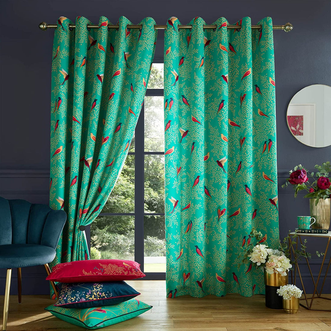 Sara Miller Green Birds Lined Eyelet Curtains