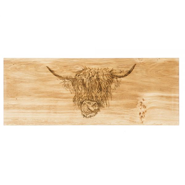 Scottish Made Oak Serving Board Highland Cow Large 60cm x 25cm