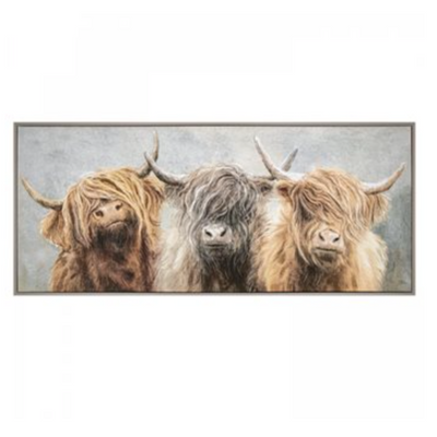 Three of a Kind by Charlotte Oakley 53cm x 123cm Wall Art Highland Cows