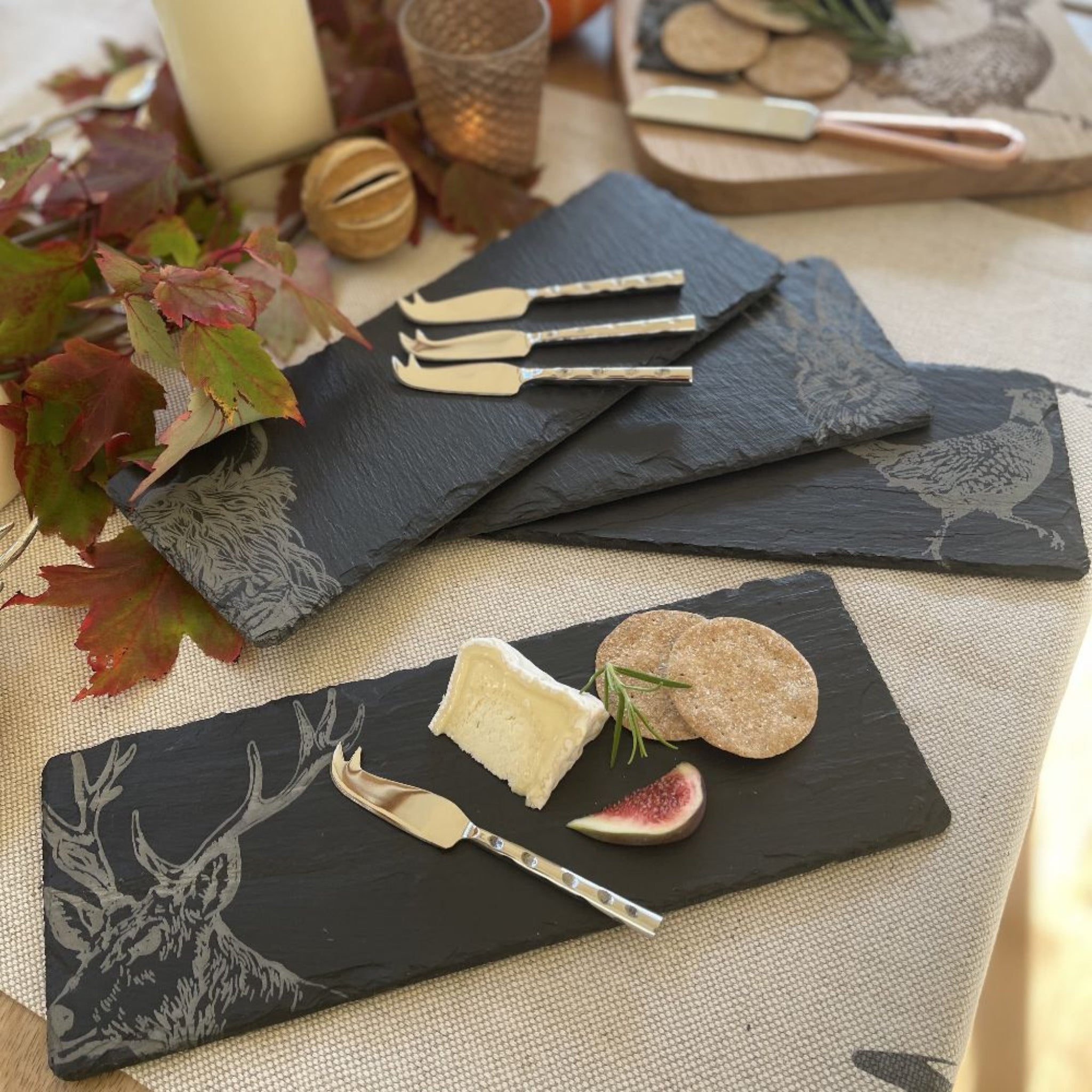 Selbrae House 4 Mini Slate Cheese Board &amp; Knife Sets - Country Animals