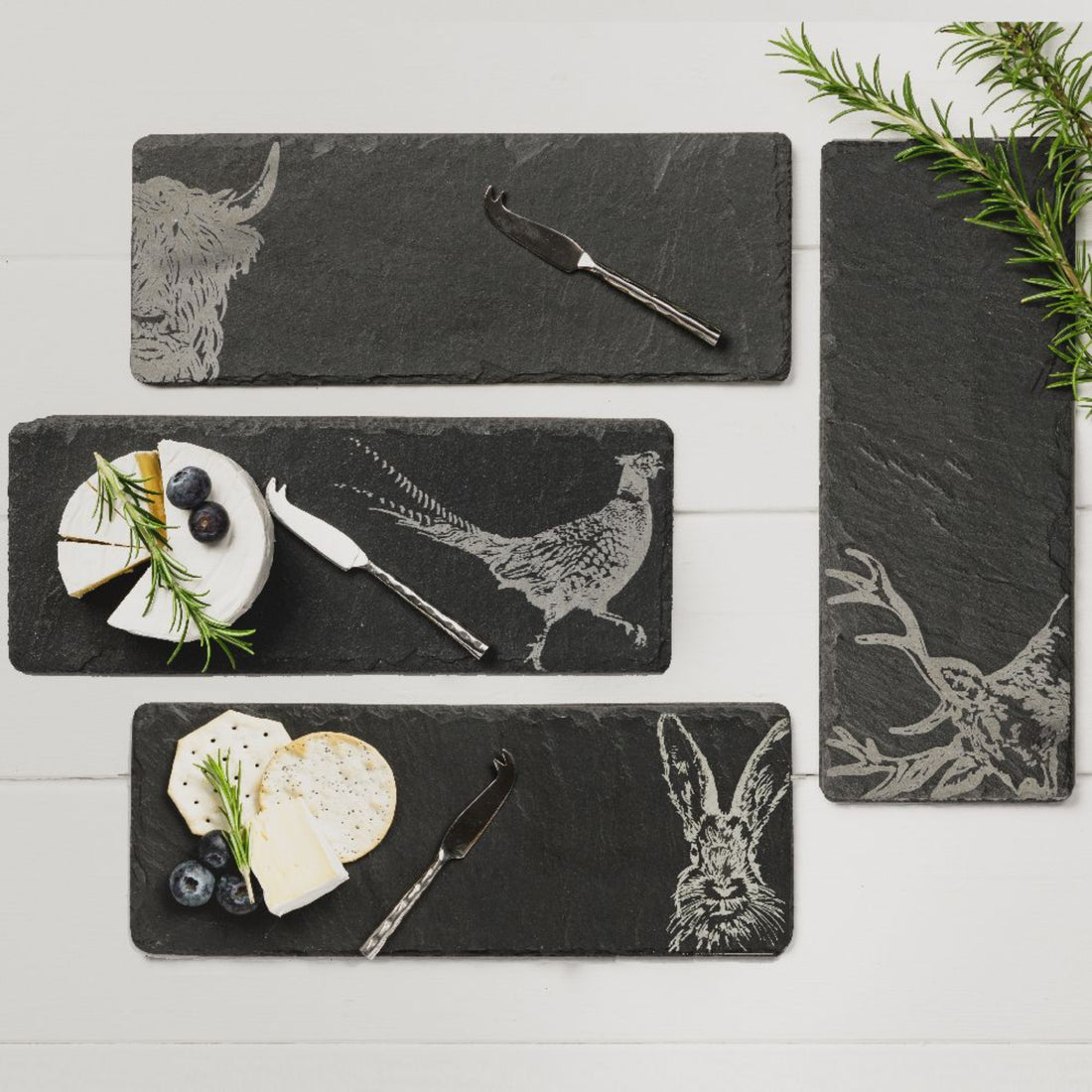 Selbrae House 4 Mini Slate Cheese Board &amp; Knife Sets - Country Animals