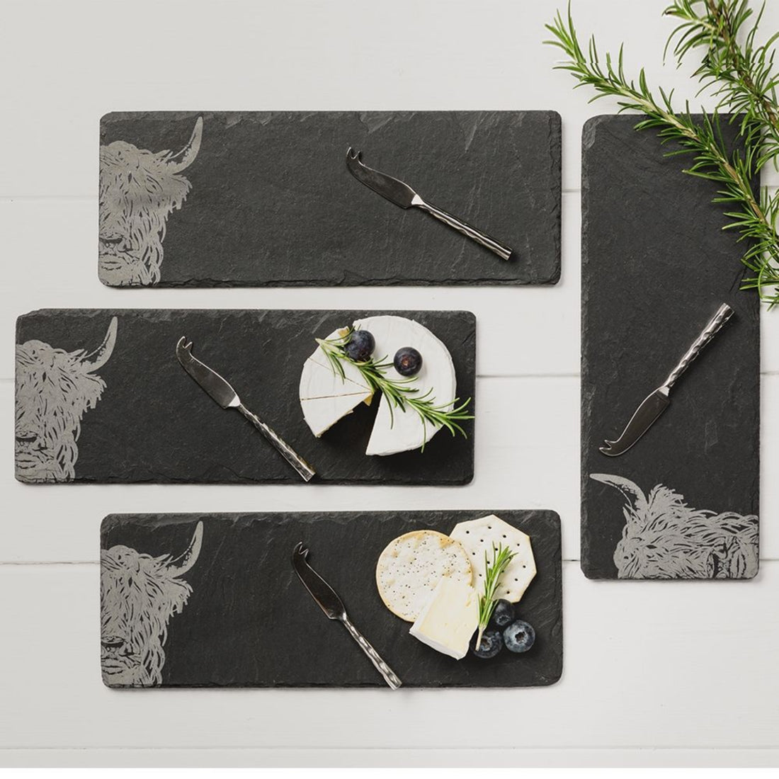 Selbrae House 4 Slate Mini Highland Cow Cheese Board &amp; Knife Set