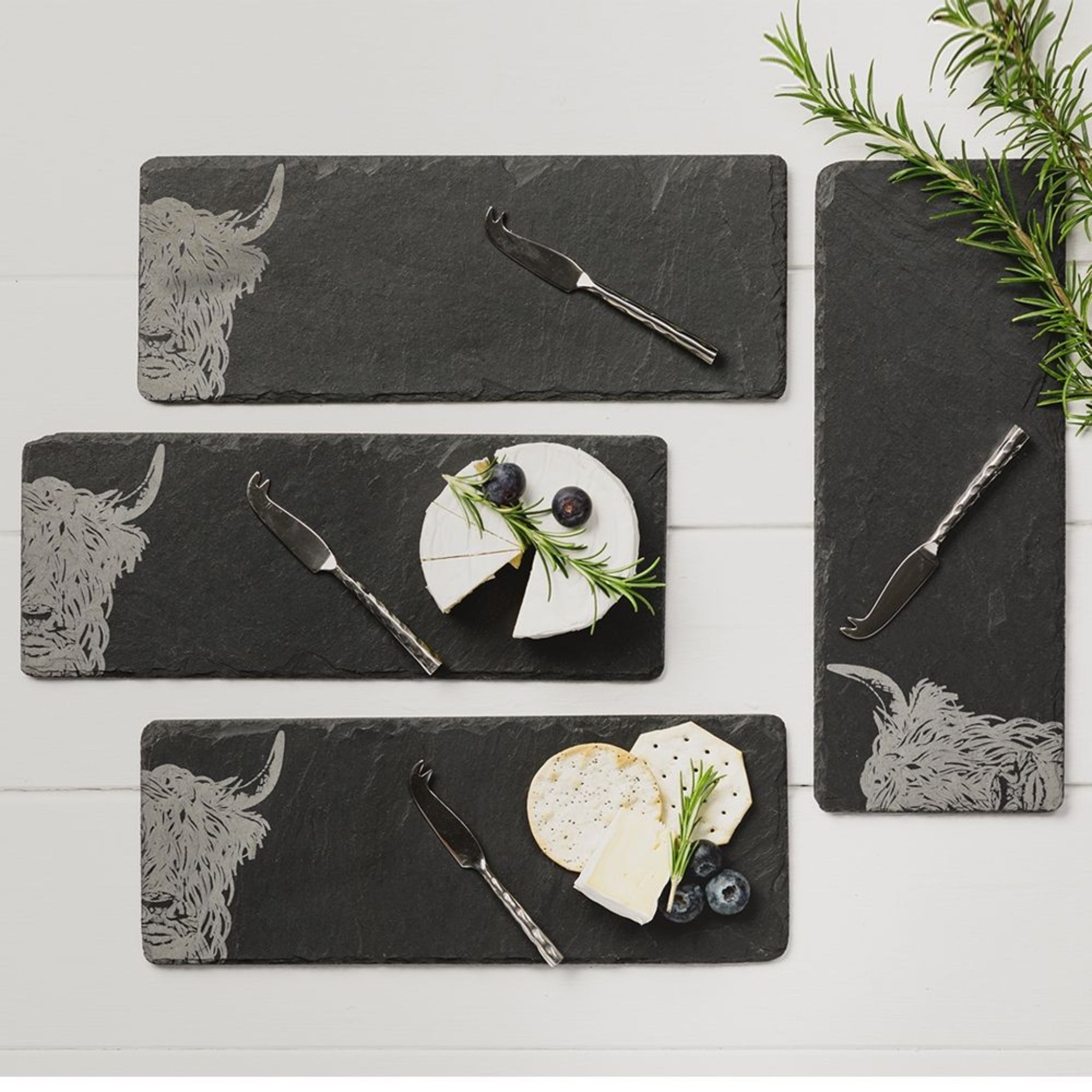 Selbrae House 4 Slate Mini Highland Cow Cheese Board &amp; Knife Set