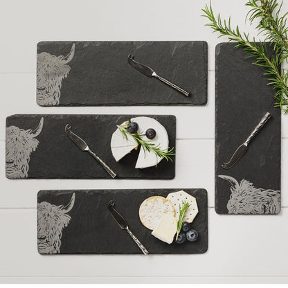 Selbrae House 4 Slate Mini Highland Cow Cheese Board &amp; Knife Set