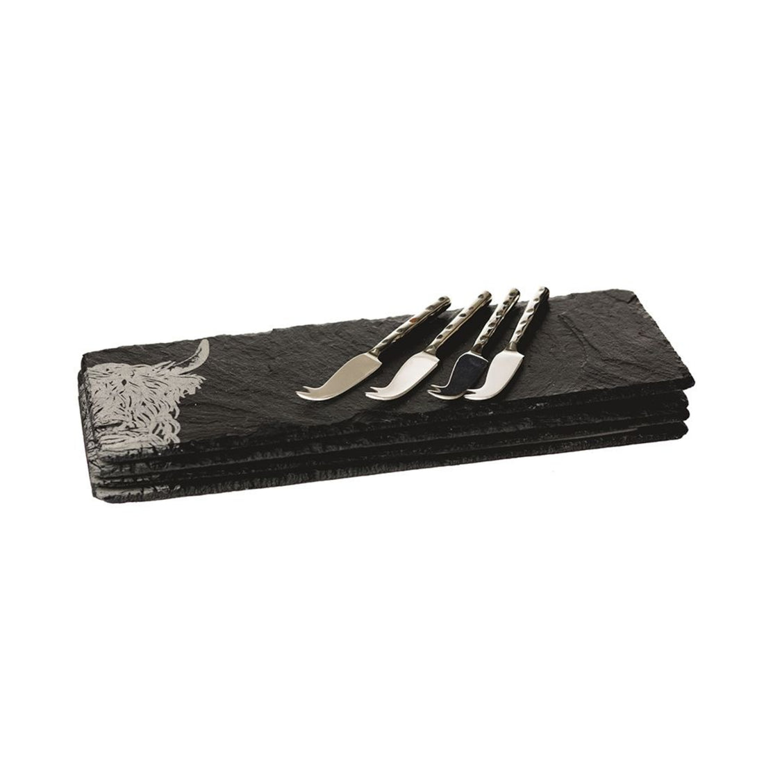 Selbrae House 4 Slate Mini Highland Cow Cheese Board &amp; Knife Set