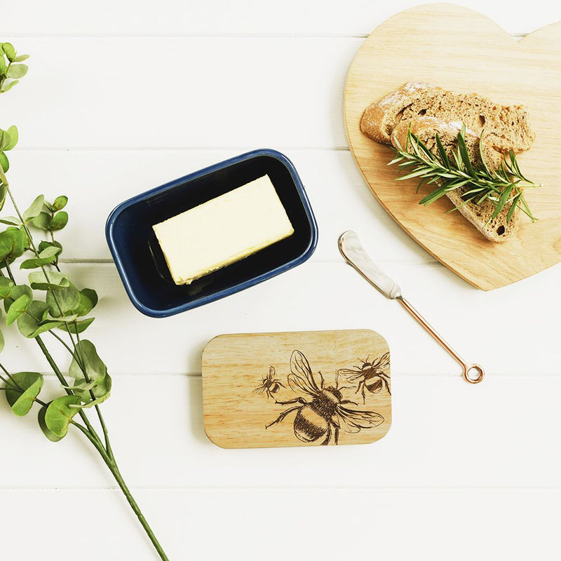 Just Slate Company Bee Oak and Ceramic Butter Dish - Blue