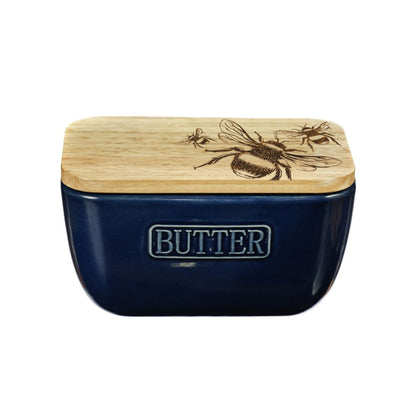 Selbrae House Bee Oak and Ceramic Butter Dish - Blue