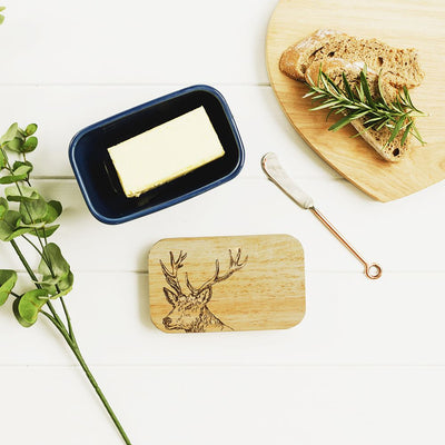 Just Slate Company Stag Oak and Ceramic Butter Dish Blue