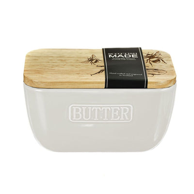Just Slate Company Bee Oak and Ceramic Butter Dish - White