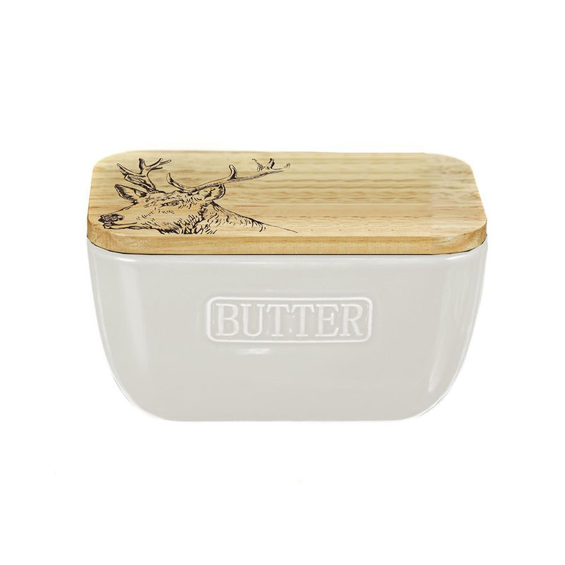 Just Slate Company Stag Oak and Ceramic Butter Dish - White