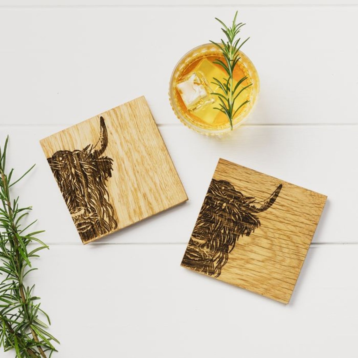 Selbrae House Highland Cow Oak Coasters Set of 2