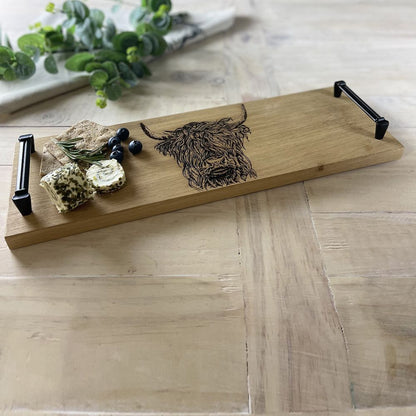 Selbrae House Highland Cow Oak Tray Black Steel Handles